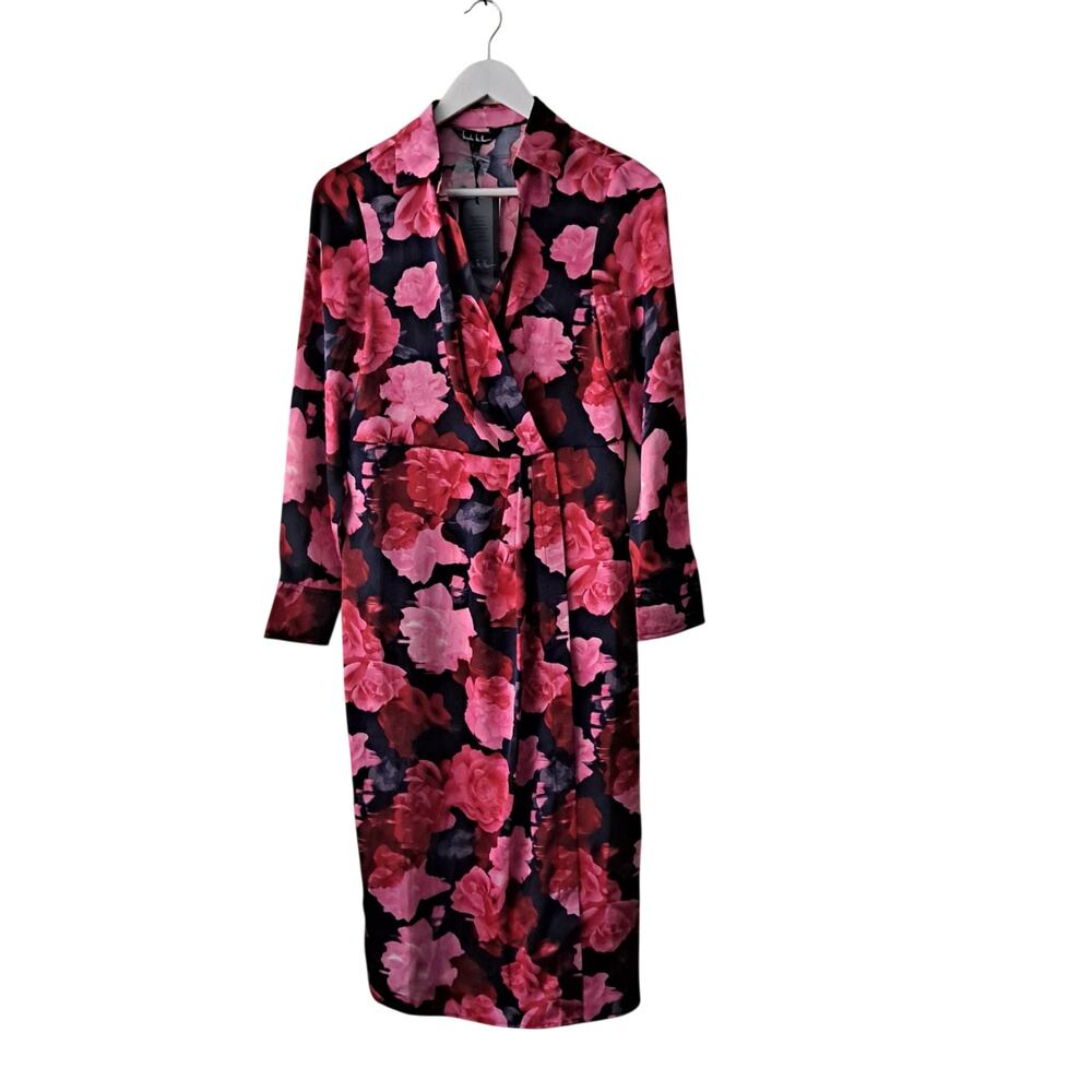 NWT Nicole Miller Floral Dress Collared Midi Faux Wrap Pink Navy Womens Size 6 - Picture 3 of 15